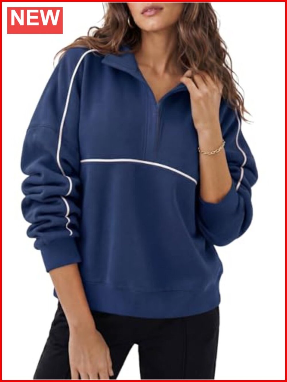 Womens Oversized Sweatshirt V Neck Zip Collar Loose Pullover Casual Top